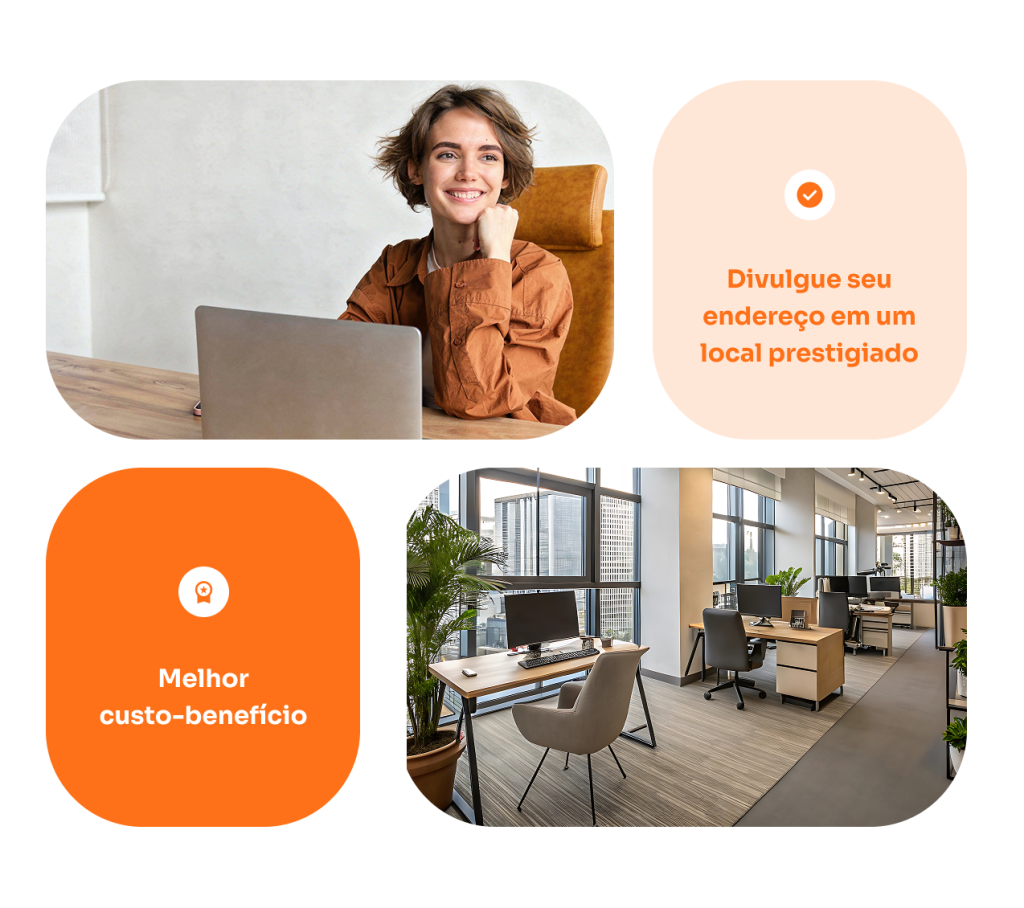 Montagem promocional sobre escritório virtual em Curitiba, mostrando uma profissional trabalhando em um notebook e um escritório corporativo moderno. Destaques visuais enfatizam endereço comercial em local prestigiado e melhor custo-benefício.